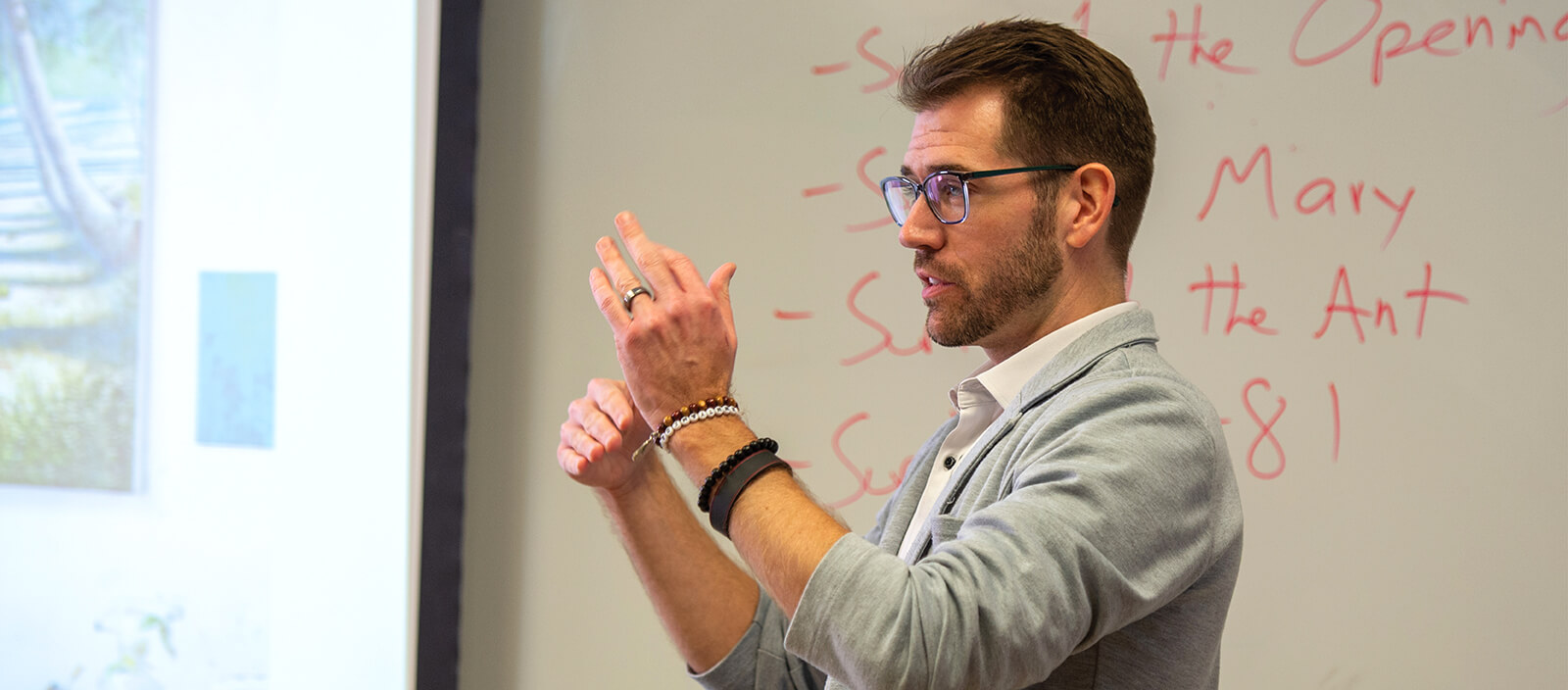 Faculty member Andrew O'Connor teaches a class in theology and religious studies.