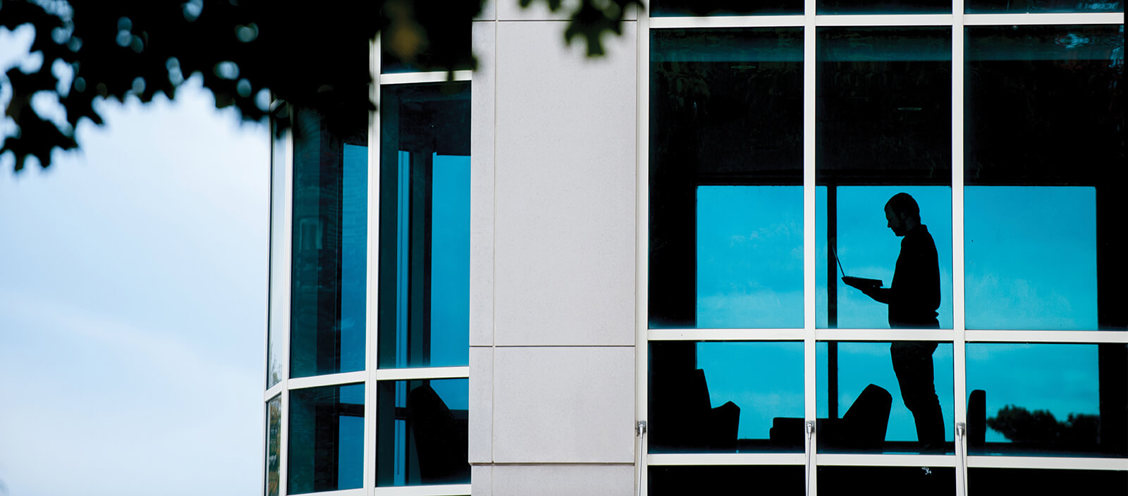 A silhouette of a student reading inside a campus building