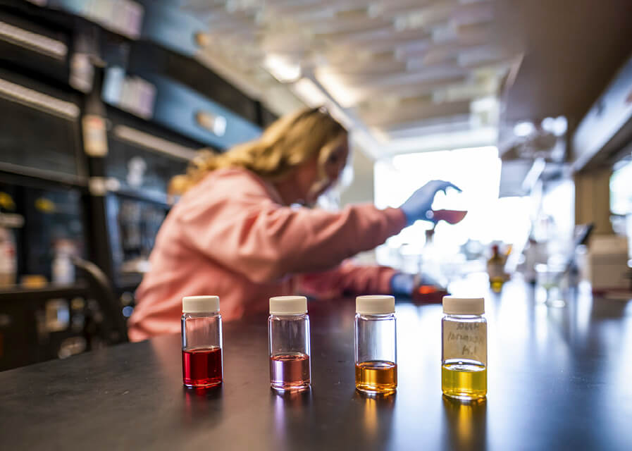 Student reviewing labels on bottles in a chemistry lab