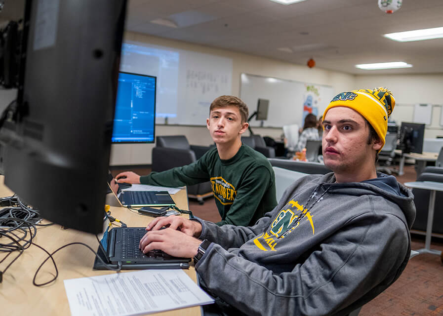 Two students look at a monitor in a computer lab.