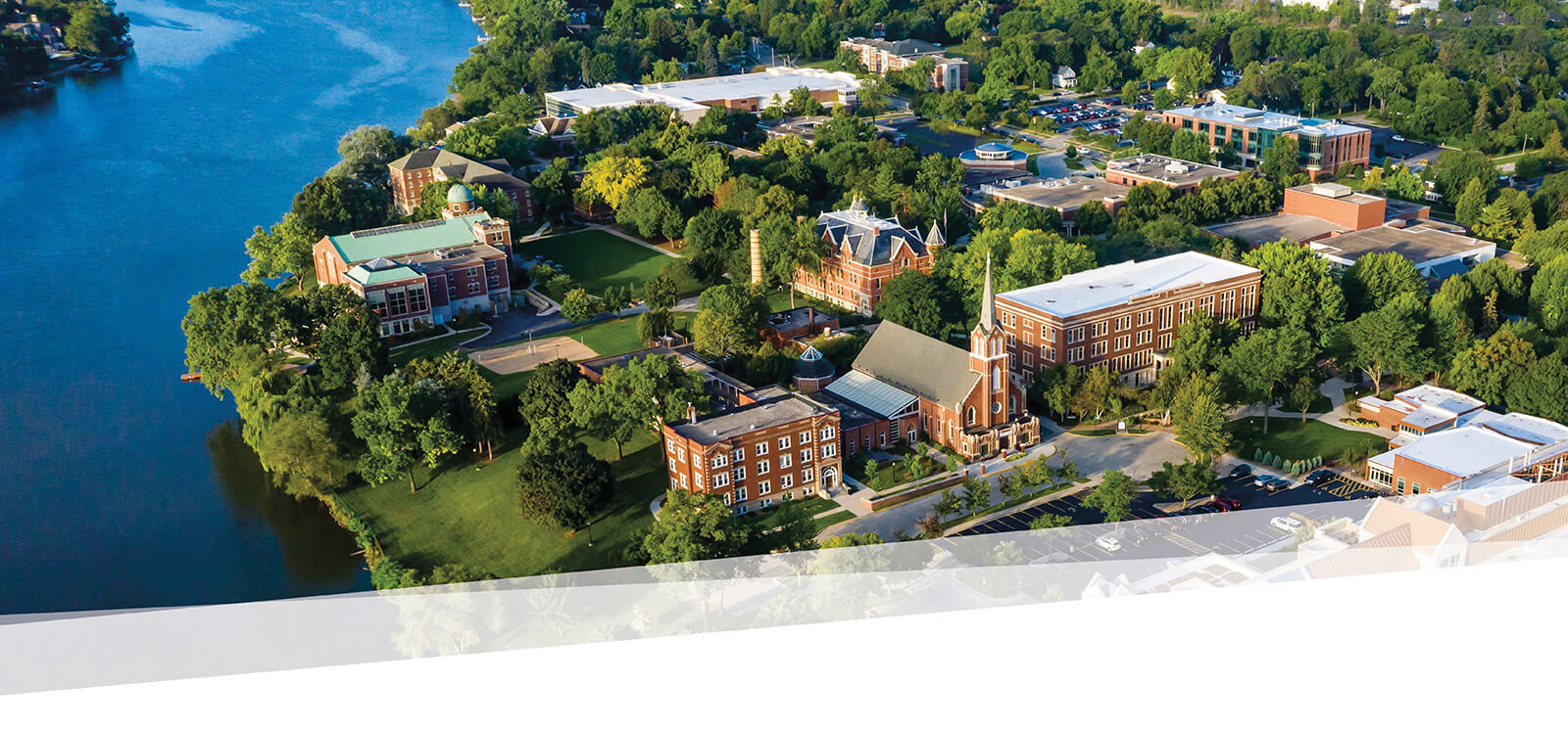 Aerial photo of campus featuring the Fox River