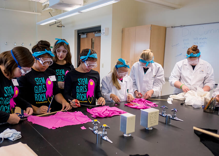 Girls work on projects in a lab setting