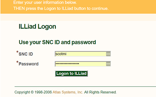 Illiad log in screen