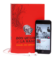 "Don Quijote" book next to MP3 player with headphones
