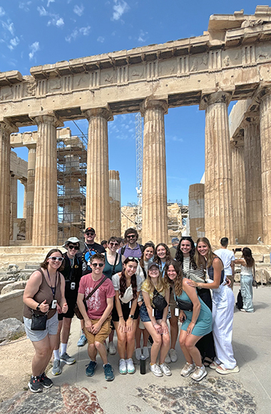 Students in front of a historic landmark