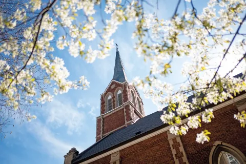 Old St. Joseph Church surrounded by blossoms